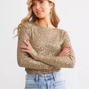 Free People Gold rush Sequin Long Sleeve Top holiday medium NWT